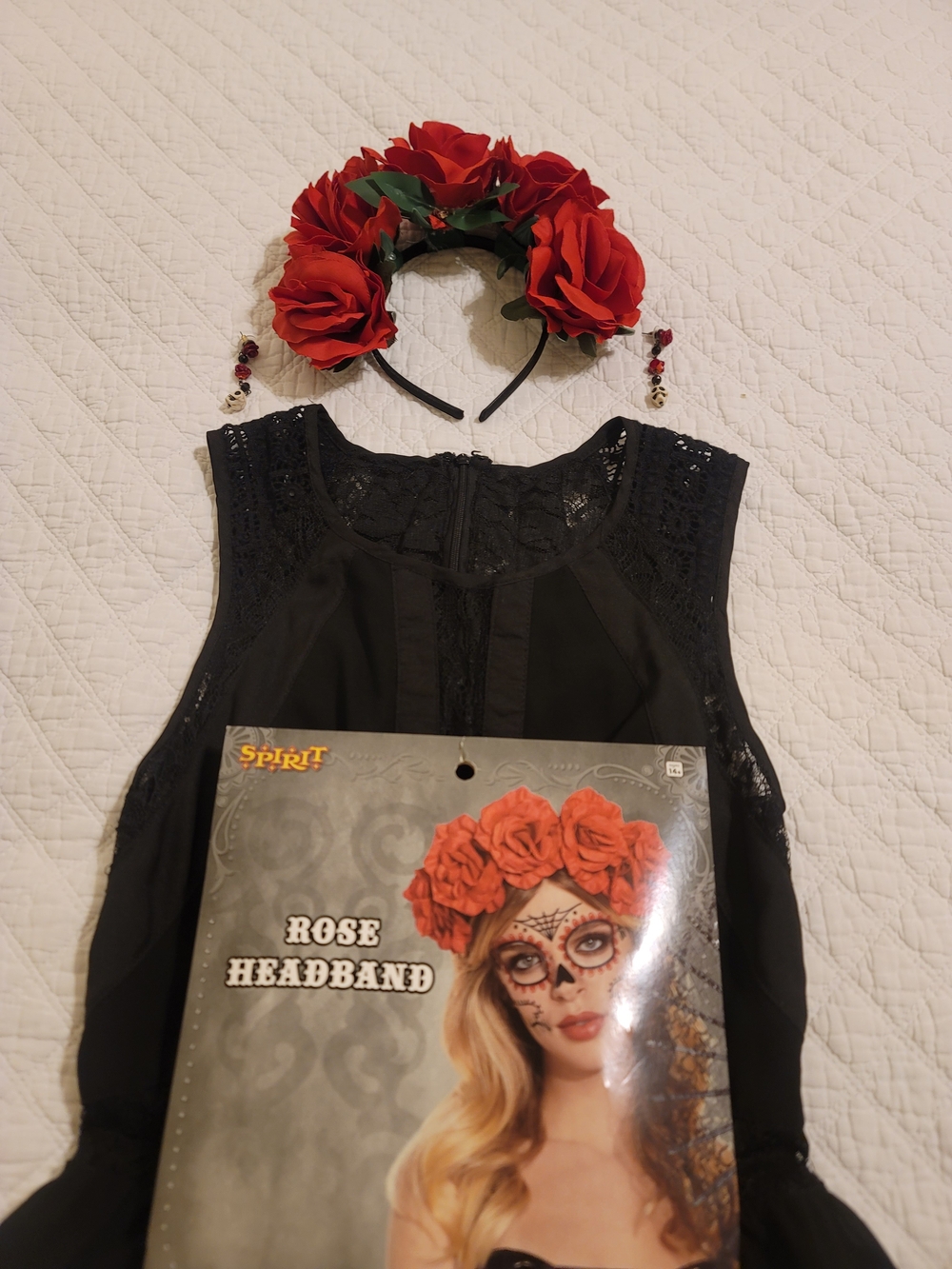 Catrina Día de los Muertos Black Lace Dress Set w/ Rose Crown & Skull Earrings